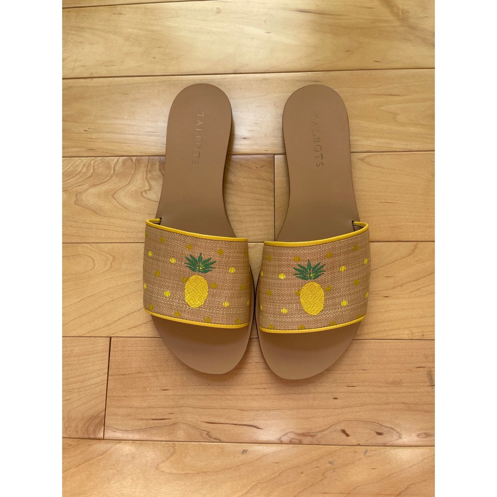 Talbots Womens Pineapple Raffia Slide Sandals Yellow Embroidered Flat Shoes 8